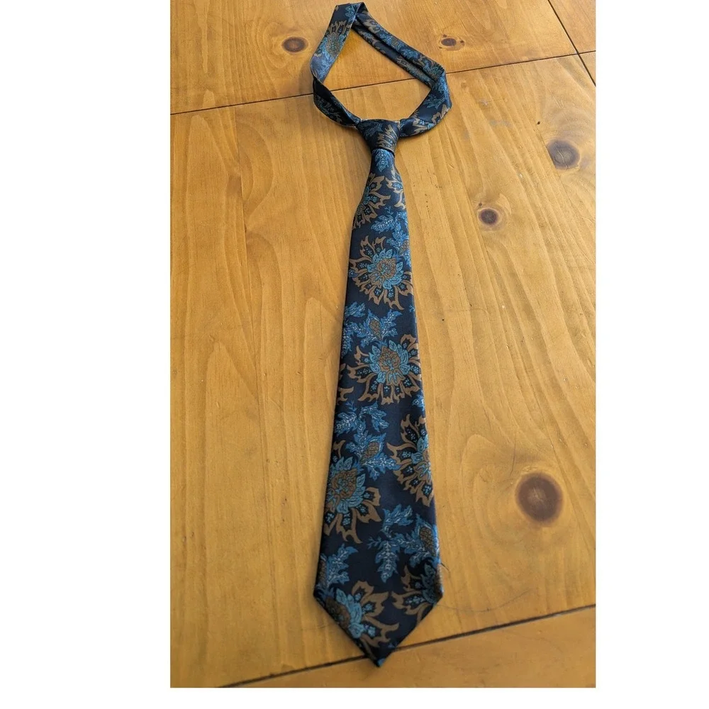 K King Vintage‎ Floral Paisley Silk Necktie Navy Blue Teal Bronze Men Accessory